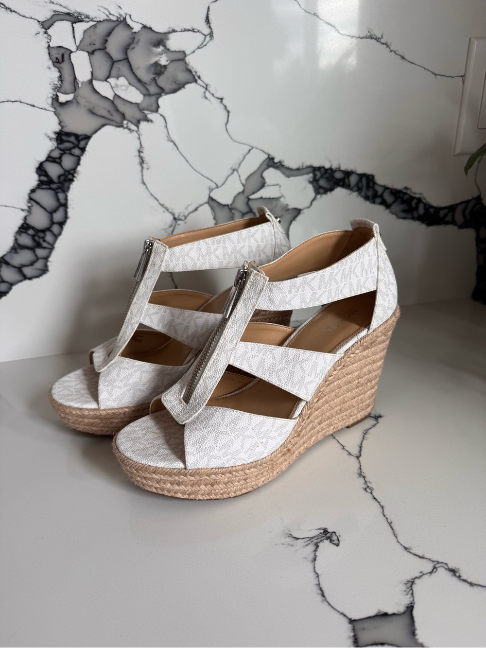Michael Kors White Logo-Print Espadrille Wedge Sandals